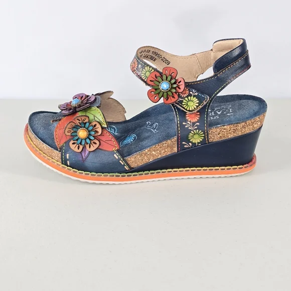 L’Artiste Gazebo Floral Leather Platform Wedge Sandals EU 38 US Size 7.5-8 - Picture 2 of 9